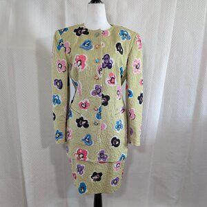 Rena Lange Made in Italy Floral Appliqué Jacquard Suit Set Jacket Skirt Size 8